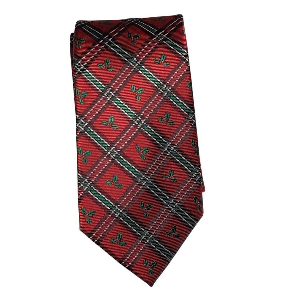 George Christmas Mistletoe Mens Neck Tie 58" Plaid Necktie Red Green Holiday NEW